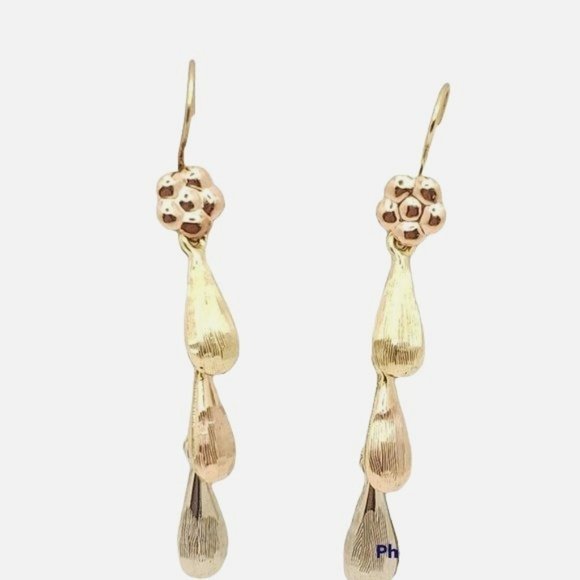 Real 14K Yellow, Rose & White Gold Hollow 3 Teardrops Hanging Earring womens